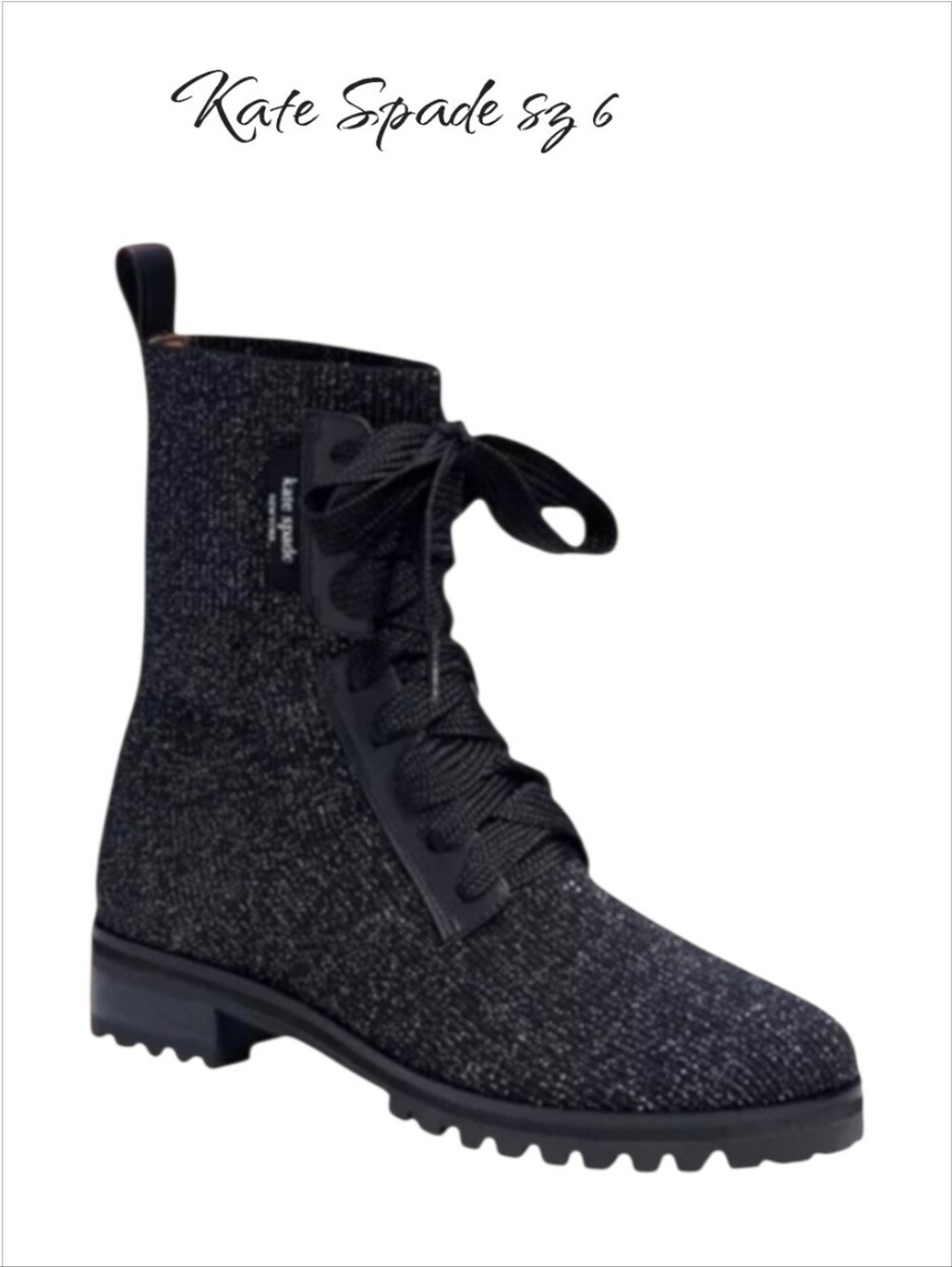 Kate Spade Meringue Black Glitter Knit Combat Boots Lug Sole Size 6 NEW